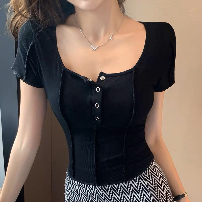 Áo croptop kểu tay ngắn thun tăm cúc bấm inox