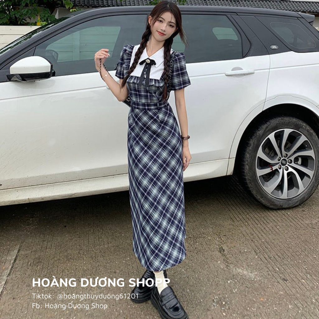 Đầm Dáng Ôm Chiết Eo Đính Nơ, Váy Tay Phồng Kẻ Ca Rô Màu Xanh Thời Trang Mùa Hè Cho Nữ 2023