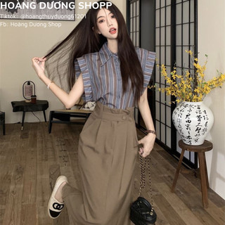 Set áo sơ mi + chân váy dài dáng công sở, set áo sơ mi và chân váy dáng xuông họa tiết sọc thời trang mùa hè cho nữ 2023
