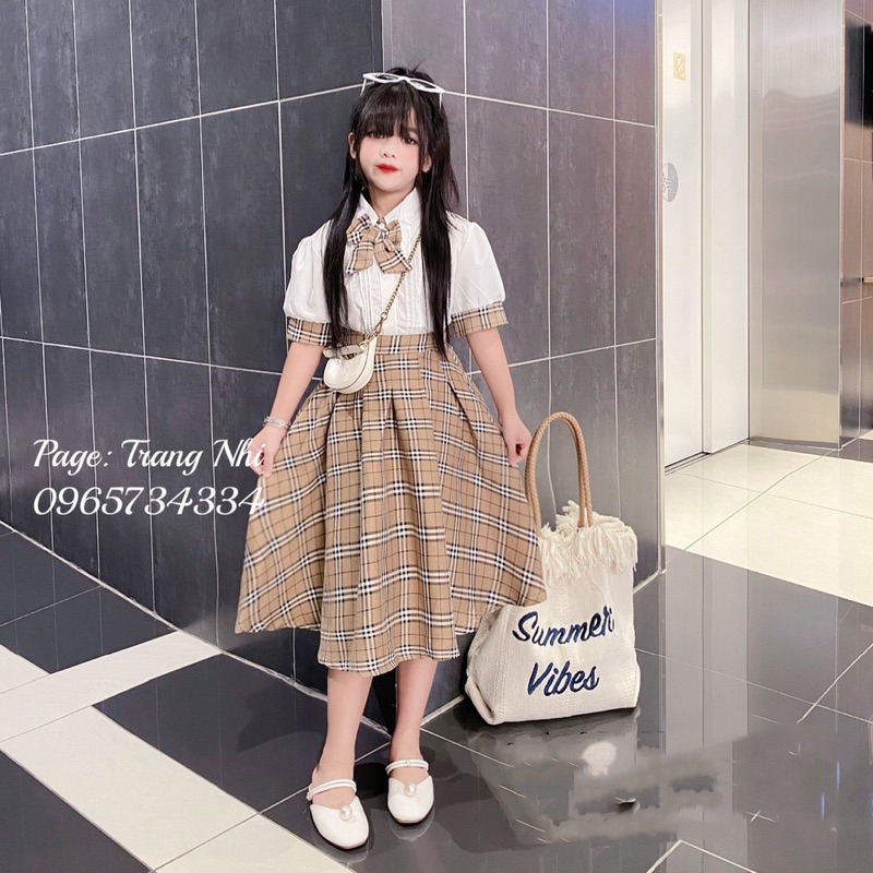 Sét bộ chân váy maxi sang chảnh kèm áo sơ mi nơ Burberry BBR sang chảnh cho bé đi học đi chơi size đại 18-42kg
