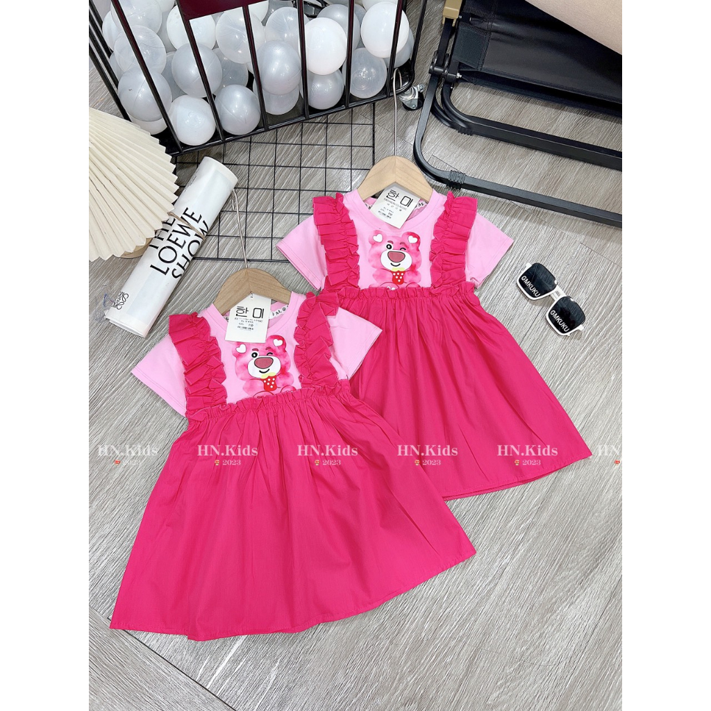 Váy gấu dâu lotso chạy viền bèo mẫu mới tháng 7