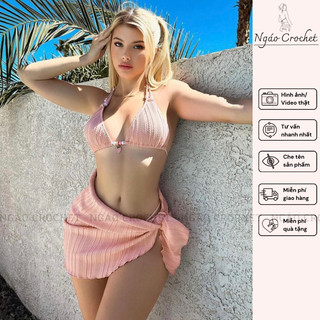 Bộ Bikini Nữ Ba Mảnh Hồng Đào trang trí hạt buộc dây có sẵn Đệm Ngực mặc đi Bơi đi Biển, Đồ Bơi dễ thương màu trơn
