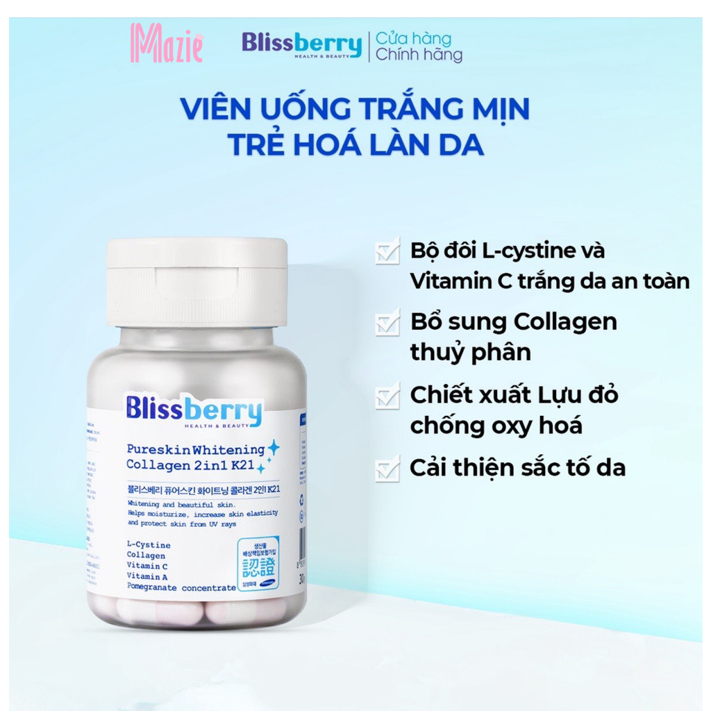 Viên uống trắng da collagen Blissberry Pureskin Whitening Collagen 2in1 K21 60 viên