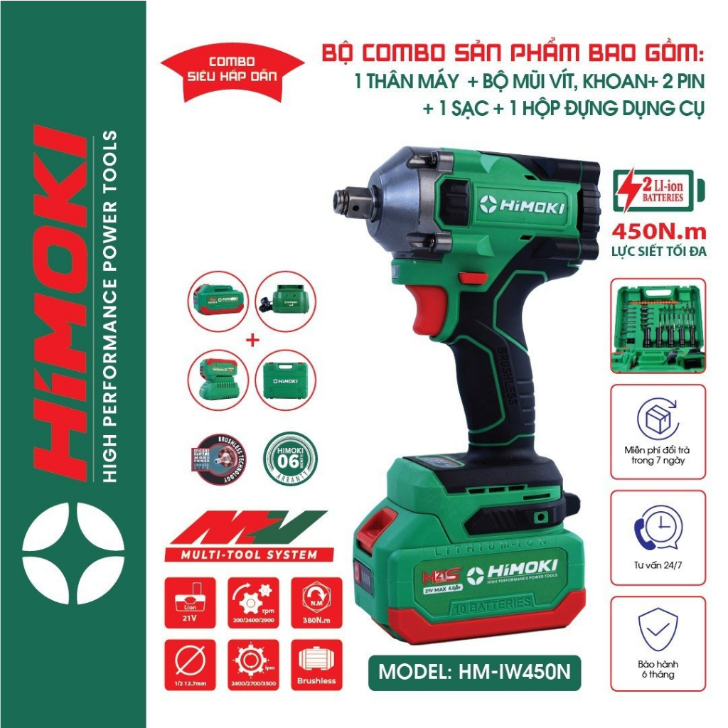 Máy siết bulong Himoki HM-IW450N đầu 2 trong một Lực siết 450Nm bảo hành chánh hãng 12 tháng baohanhchinhha