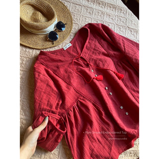 (Có sẵn) Áo quả mận thô thêu đỏ phối ren dây chuông đỏ xinh xắn mặc đi chơi đi du lịch dáng rộng (ảnh thật tự chụp)
