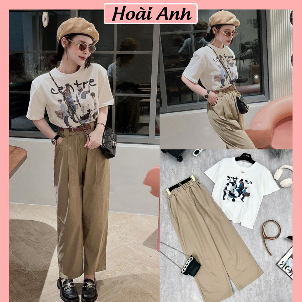 Set Bộ Đồ Nữ 3 Món Áo Phông Certre Ngắn Tay Mix Quầng Suông Ống Rộng Kèm Dây Đai Nhung Freesize