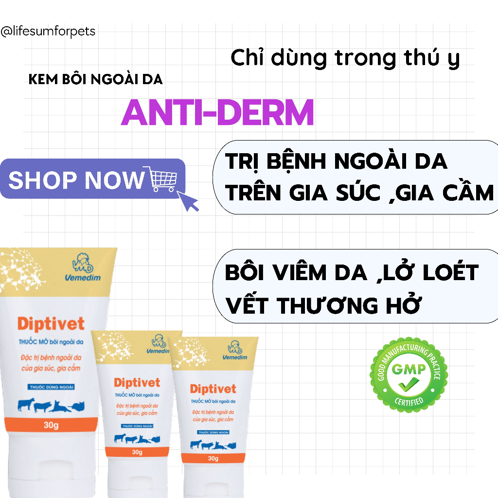 Kem bôi viêm da , ghẻ , lở cho chó mèo , gia súc gia cầm DIPITIVET 30g