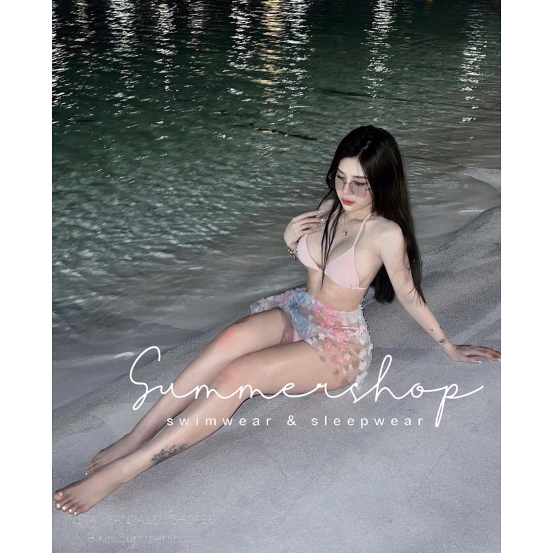 Set bikini 3 món hồng phấn khăn quấn