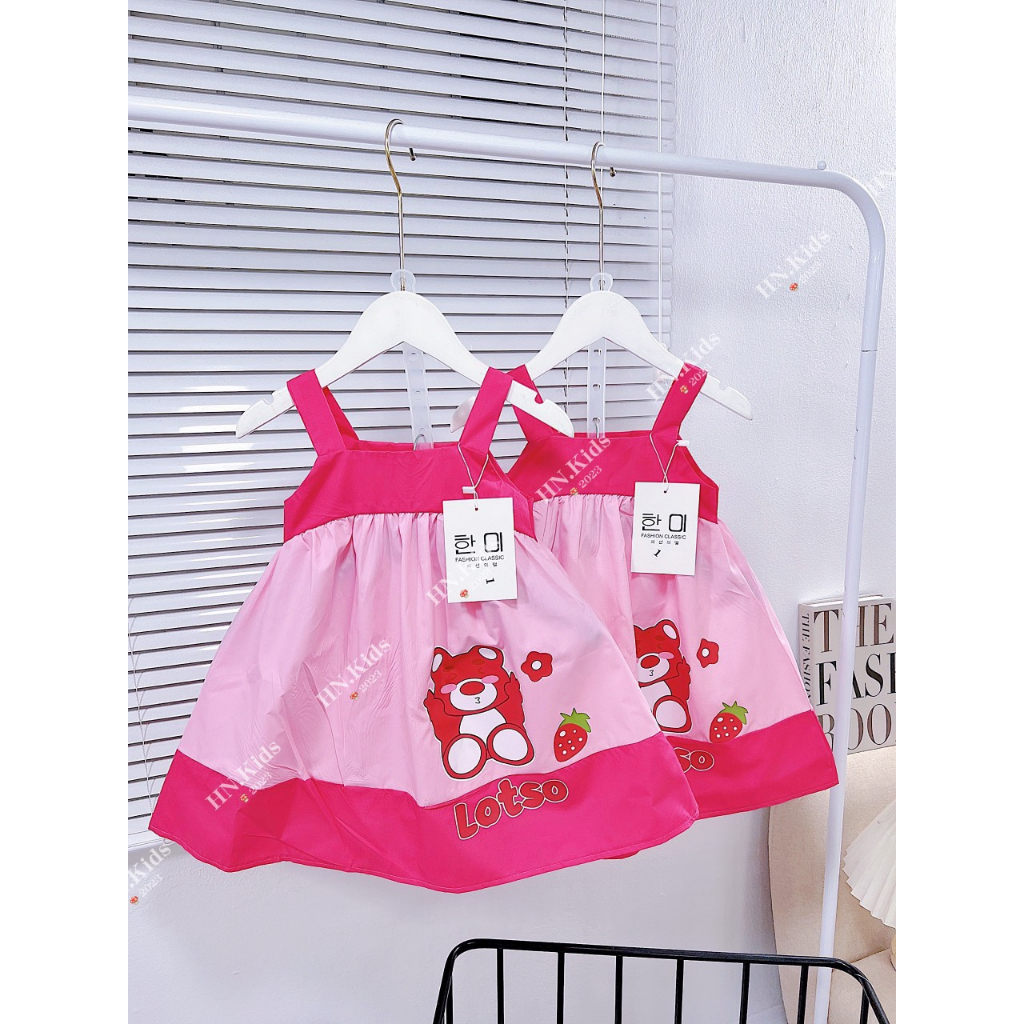 Xả hàng size nhí - váy gấu dâu 2 dây, váy gấu dâu lotso sát nách cho bé 8-18kg