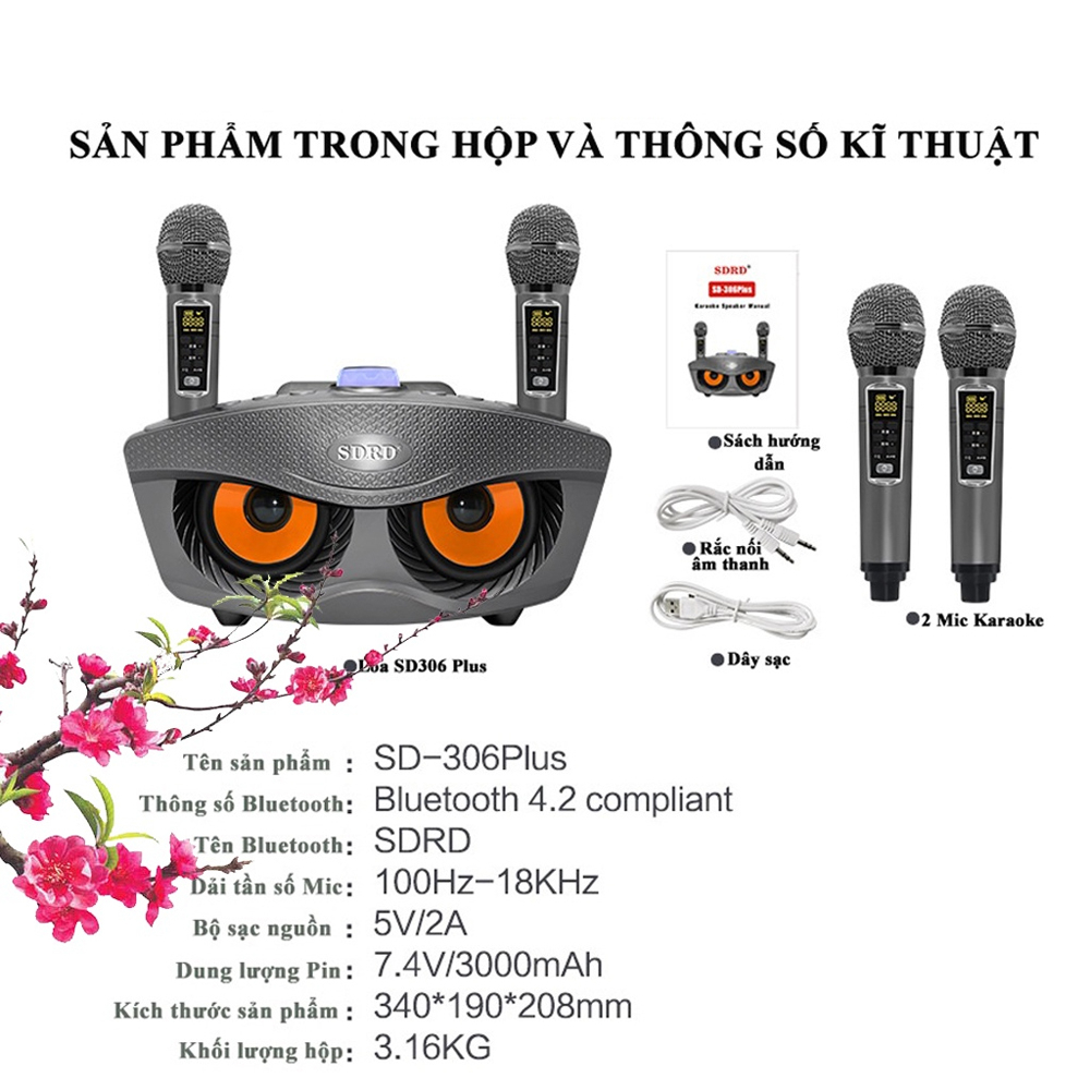 Loa Karaoke Bluetooth SD306 Plus, Kèm 2 Micro Không Dây Chỉnh Echo, Reverb Trên Thân Mic, Âm Bass Cực Hay, BH 6 Tháng