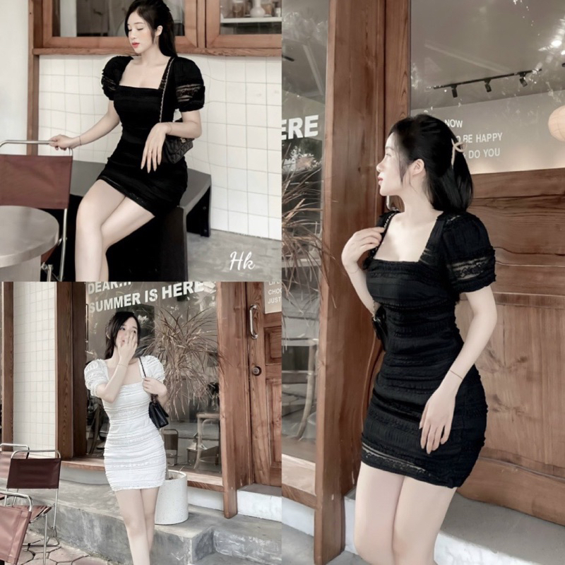 Váy body ren cổ vuông 2 lớp 2 màu tôn dáng (kèm ảnh thật và video)