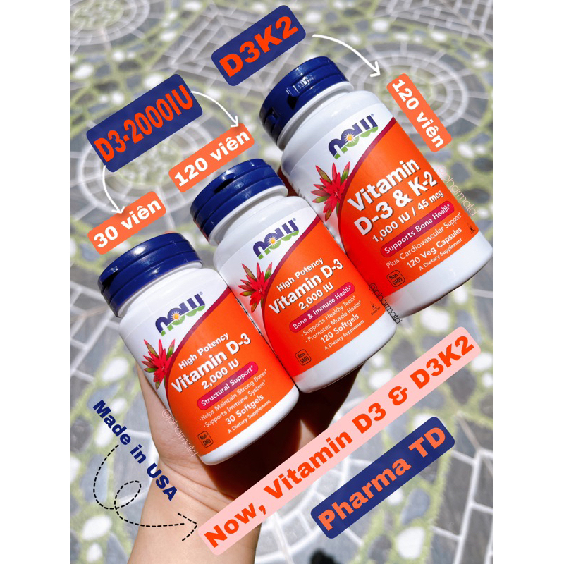 Now Foods Vitamin D3 và D3-K2 hỗ trợ Xương chắc khoẻ và tăng sức đề kháng | 30-120viên | USA.