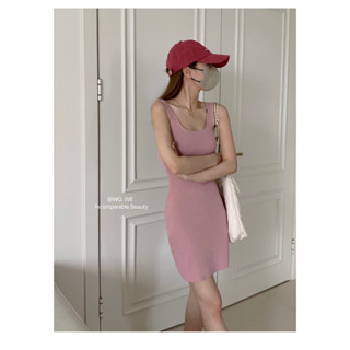 Đầm 2 dây ba lỗ Ôm body sexy Dáng ngắn Len tăm Bản to Váy đầm ngắn Ôm body Cổ vuông Sexy