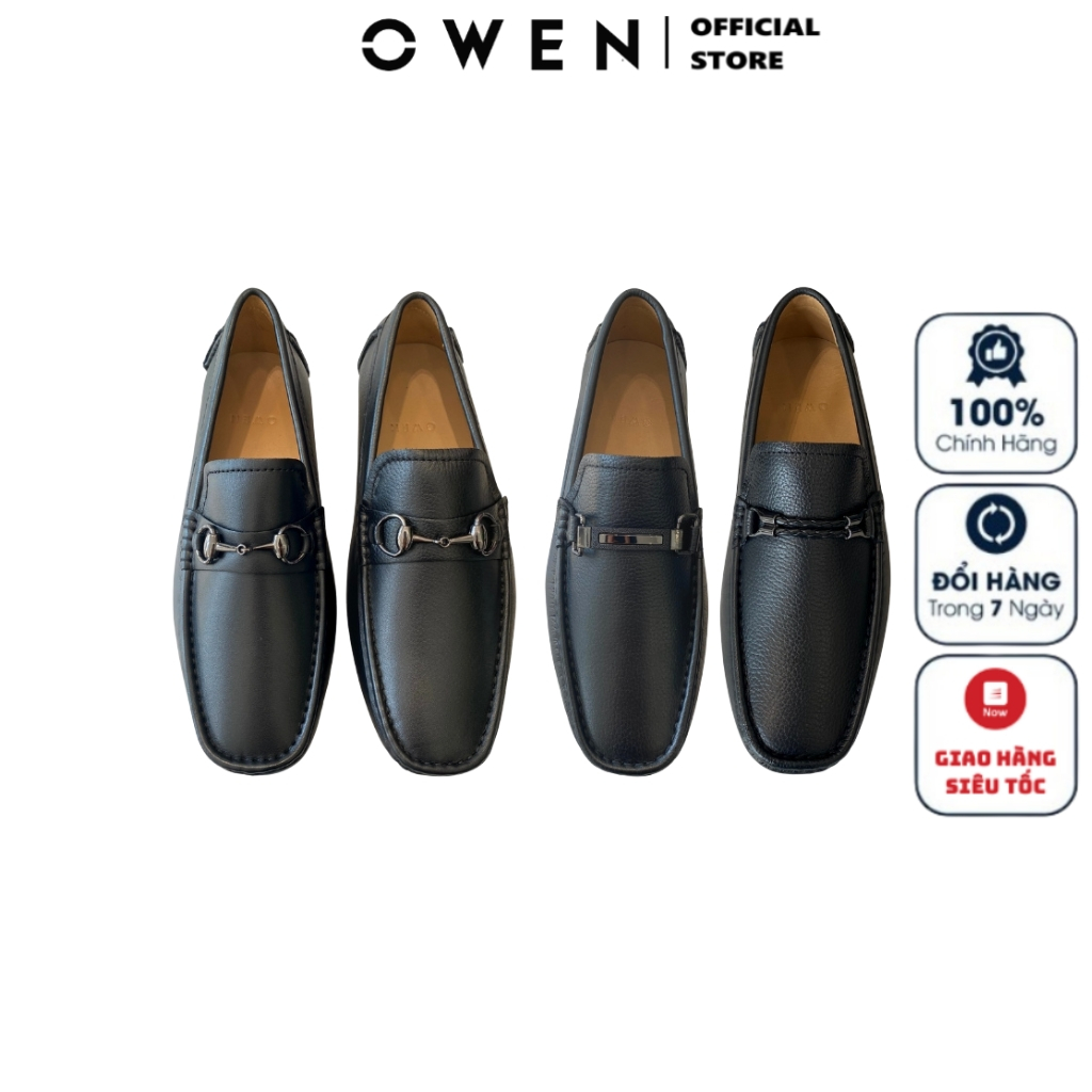 Giày tây nam da thật nhập khẩu thiết kế cao cấp OWEN kiểu giày lười Moccasin đế âm màu đen đế cao su nguyên khối