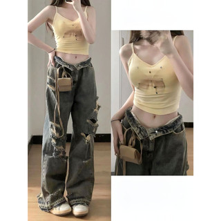 Quần jean nữ kiểu rách phong cách retro cổ điển eo cao