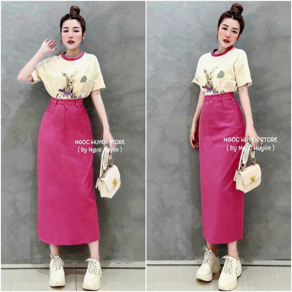 Set đẩm váy nữ áo thun cổ tròn họa tiết hoạt hình phối chân váy suông dài với tone màu hot dành cho các nàng đi chơi.