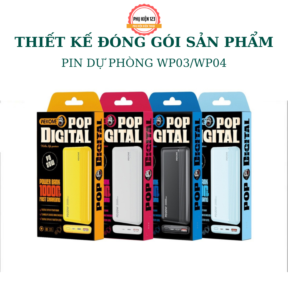 Sạc dự phòng 10000mah - 20000mah Wp03 Wp04, sac nhanh PD 20W QC 3.0 18W, xạc tích điện thiết kế nhỏ gọn dễ dàng cầm đi..