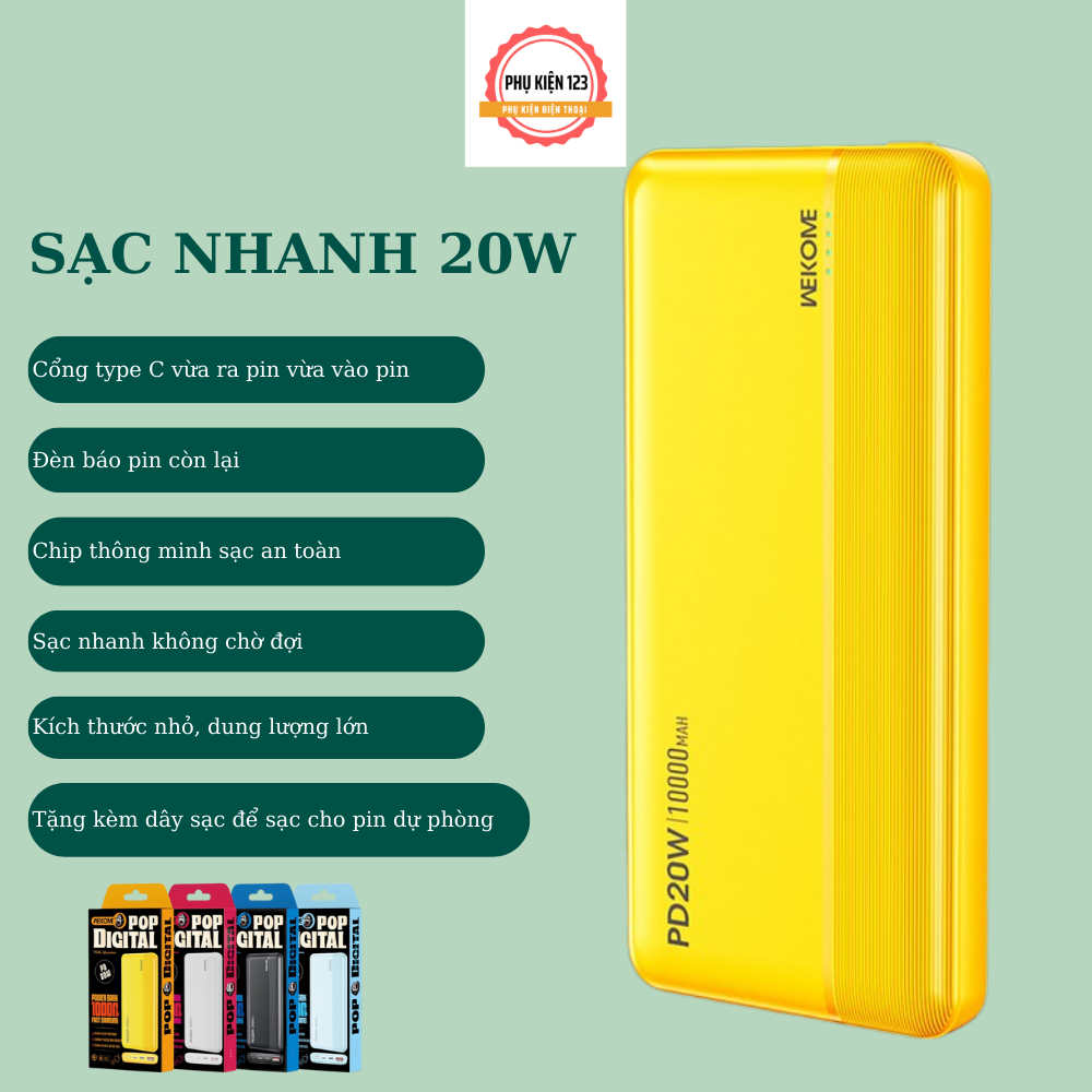 Sạc dự phòng 10000mah - 20000mah Wp03 Wp04, sac nhanh PD 20W QC 3.0 18W, xạc tích điện thiết kế nhỏ gọn dễ dàng cầm đi..