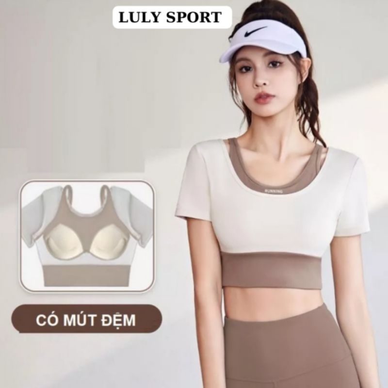 Áo tập yoga nữ LULY SPORT phối màu phong cách mới giúp không lộ béo bụng,áo mút đúc tiện lợi