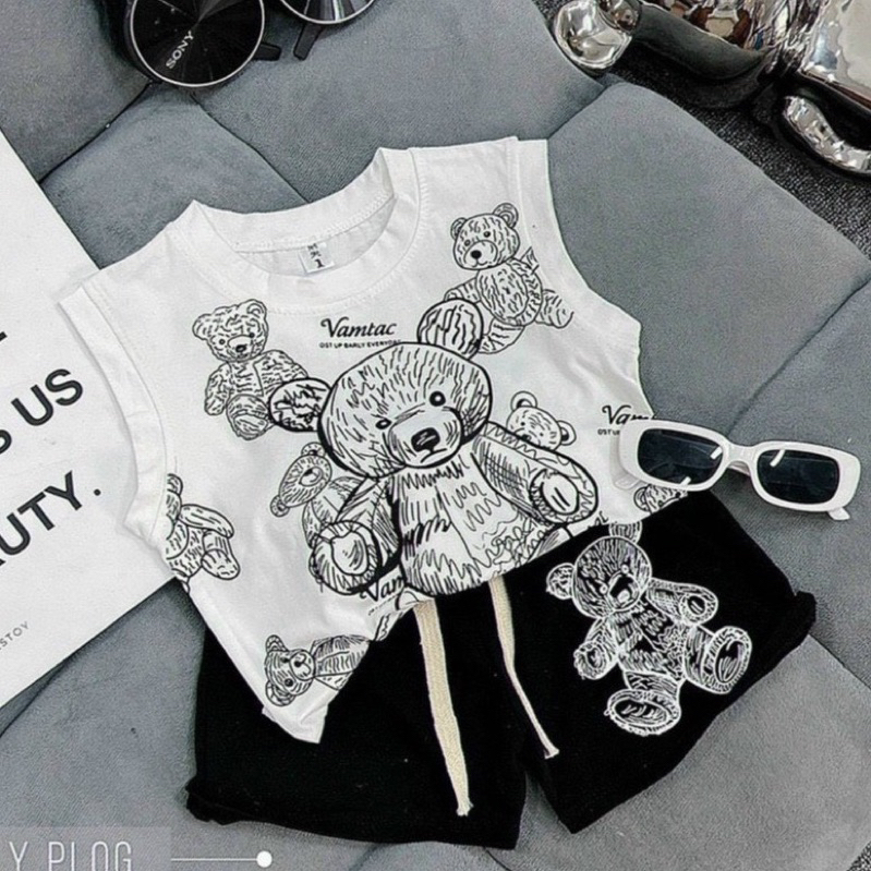 Bộ 3 lỗ in hình gấu vải cotton tàu cho bé