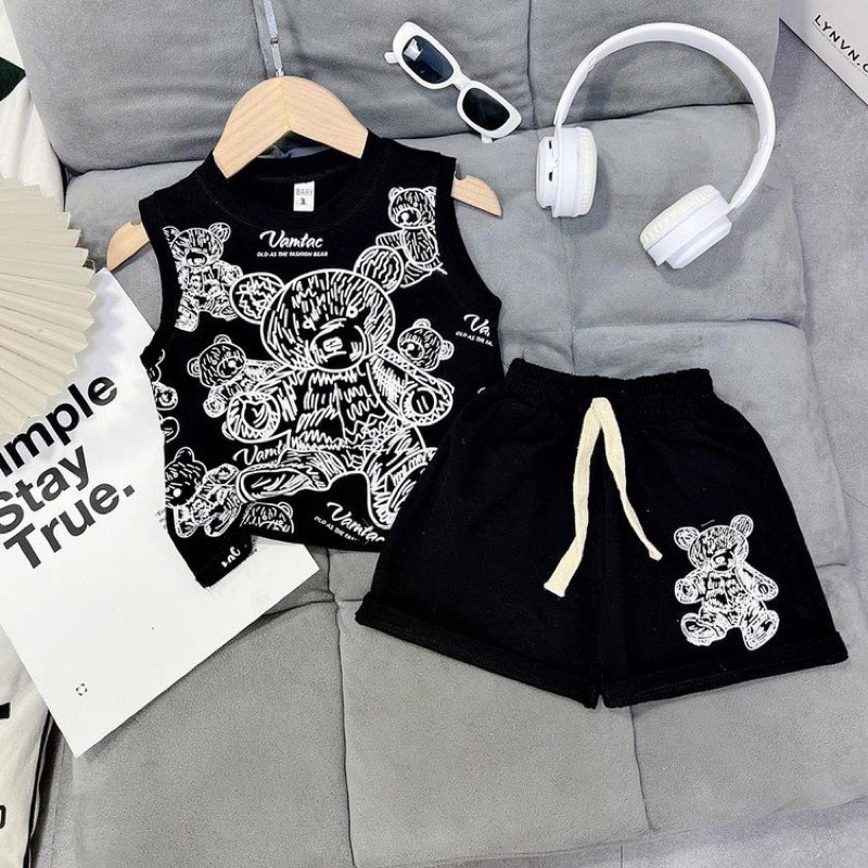 Bộ 3 lỗ in hình gấu vải cotton tàu cho bé