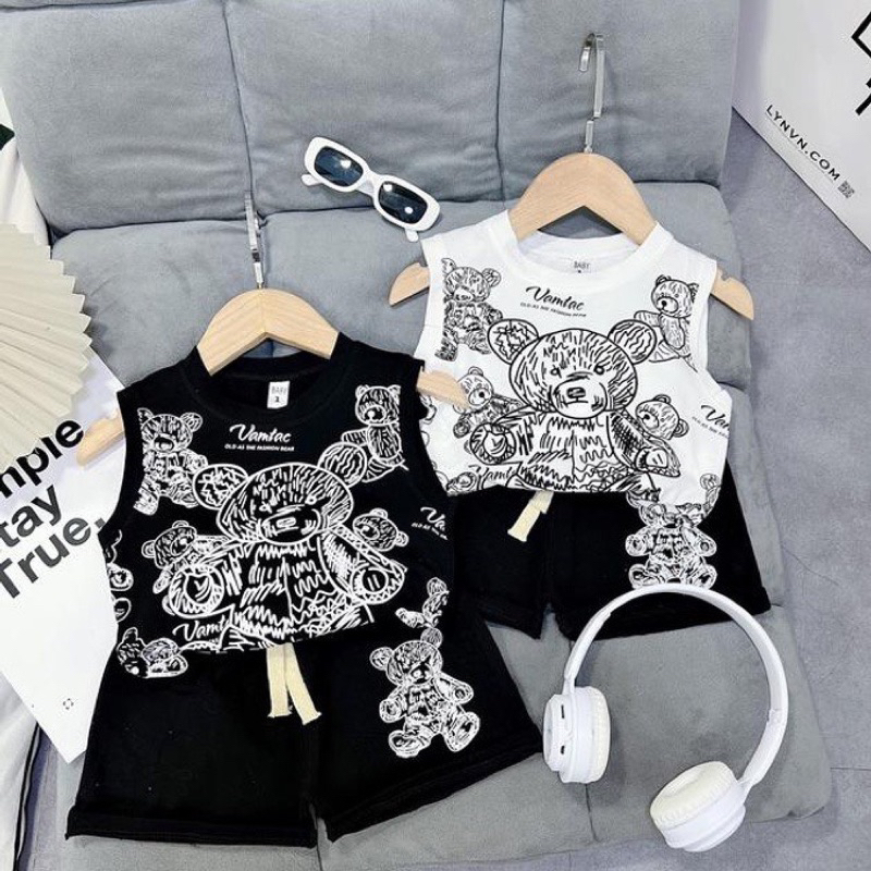 Bộ 3 lỗ in hình gấu vải cotton tàu cho bé