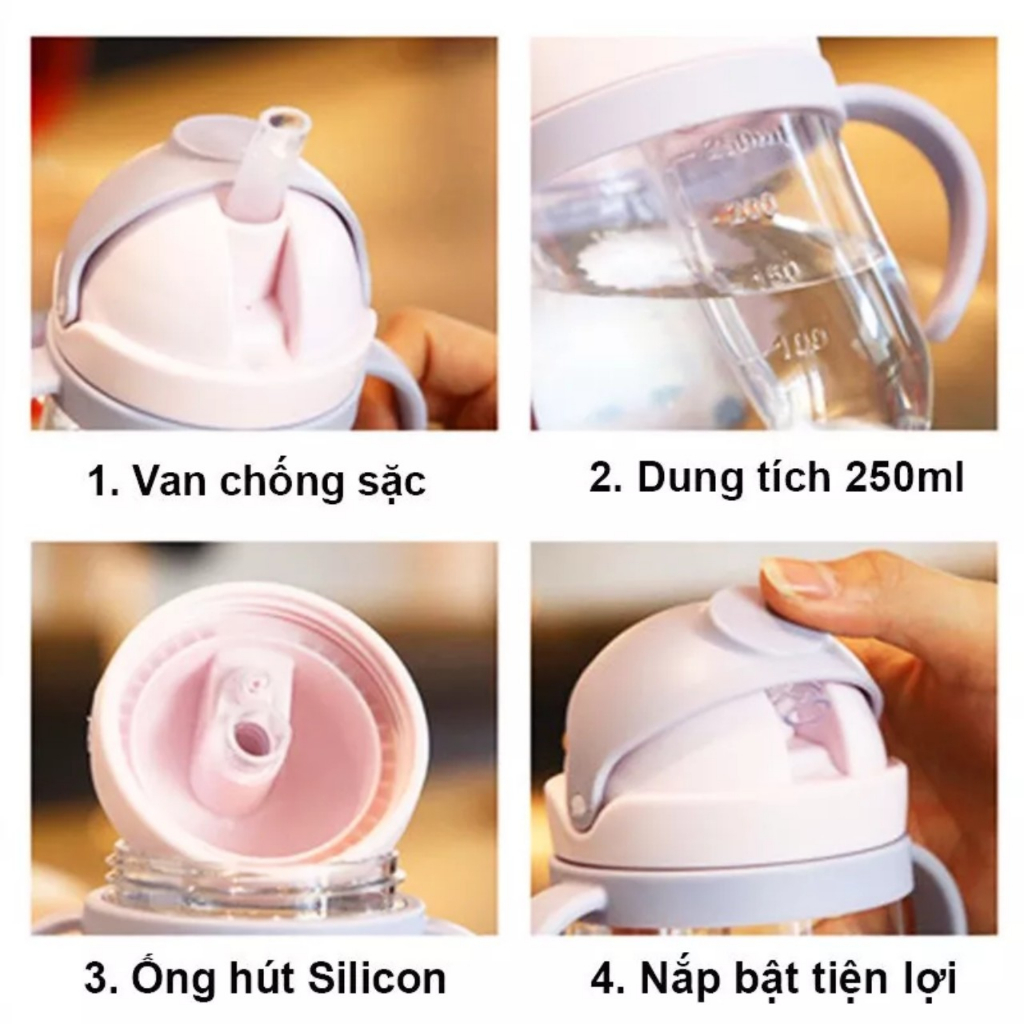 Bình Nước Tập Uống Có Tay Cầm và  Van Chống sặc cao cấp 250ml