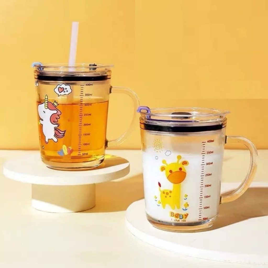 Cốc pha sữa thuỷ tinh chia vạch có nắp và ống hút 350ml - Có hộp