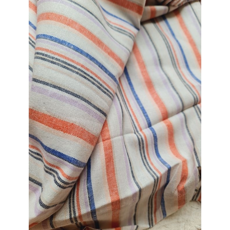 Vải Linen Tưng pha bột Sọc cam xanh nền trắng