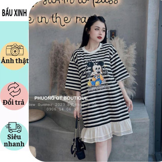 Váy bầu đầm bầu mùa hè siêu sang mềm mát-đầm bầu thiết kế dáng xuông đuôi viền bèo in hình micky đẹp