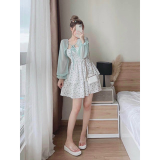 Váy 2 dây bèo tầng kèm áo tơ_sét váy tiểu thư nhún ngực dáng xòe dễ thương,đầm cúp ngực kèm áo siêu xinh