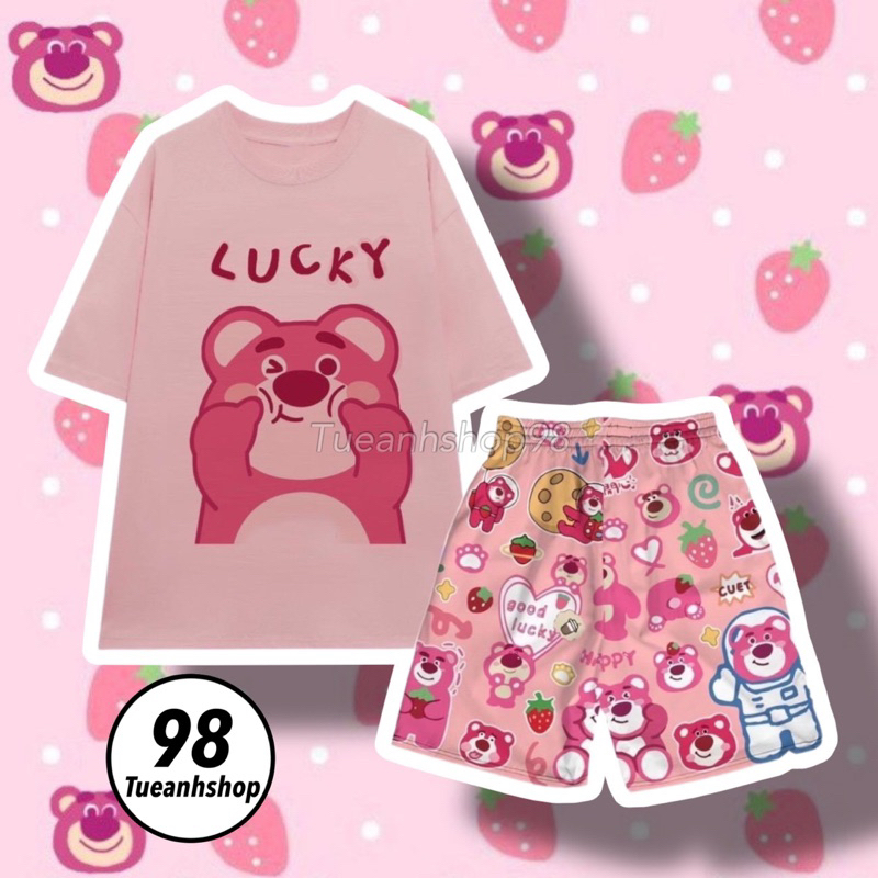 Bộ Đùi Gấu Dâu Lotso Hồng Lucky cotton mặc nhà Áo thun phom rộng phối Quần Short Cartoon Unisex Set Bộ Nữ hoạt hình