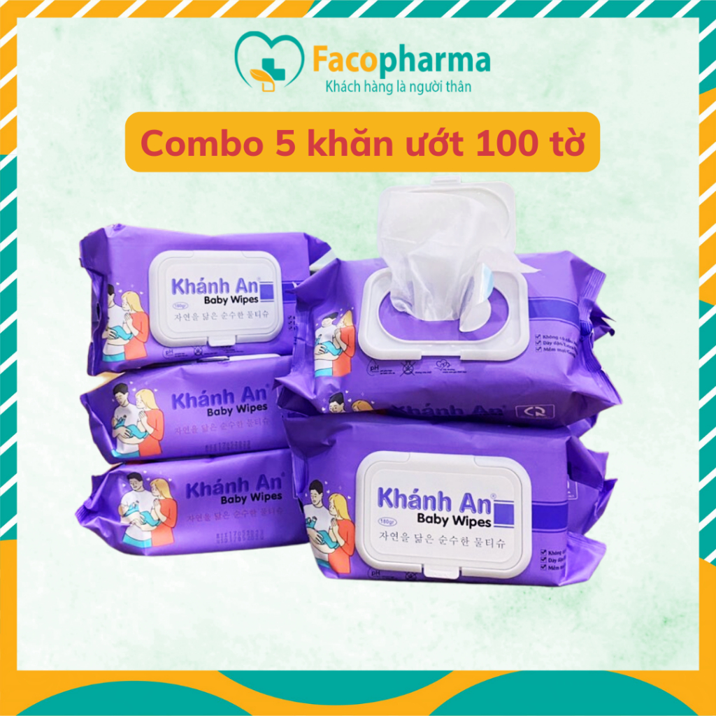 Combo 5 bịch Khăn giấy ướt siêu tiện lợi không mùi, không cồn an toàn sử dụng cho bé 180g Khánh An x5KAKGU180