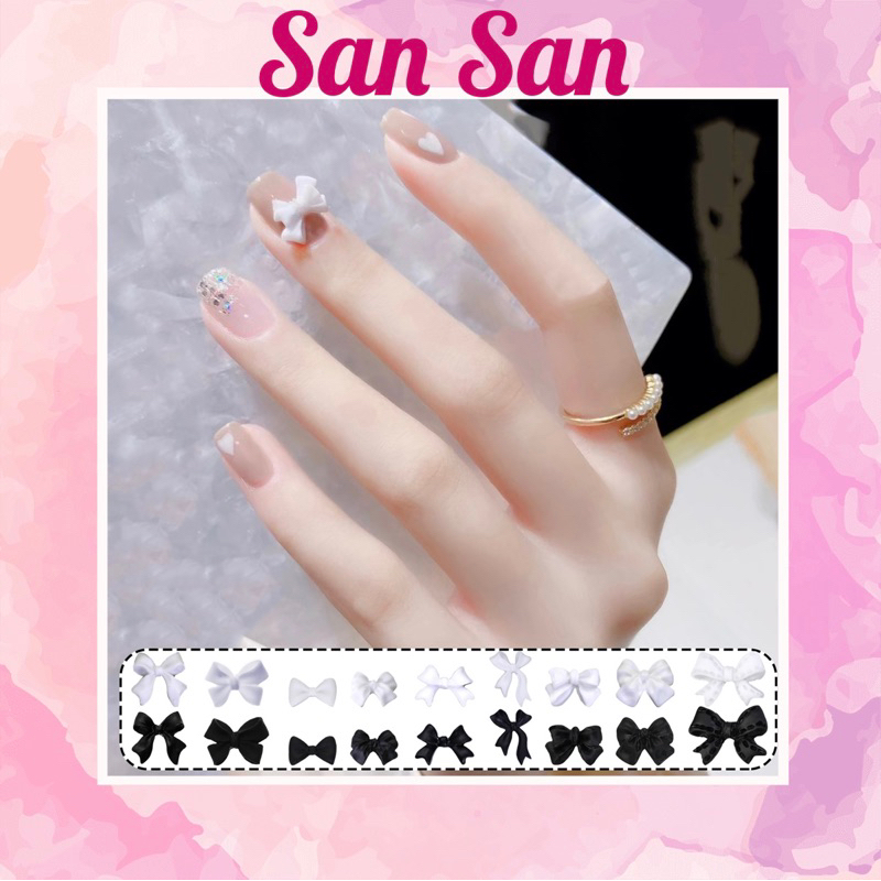 (Ảnh thật) Charm Nơ Lì Trắng Đen Hàn Quốc Đính Móng