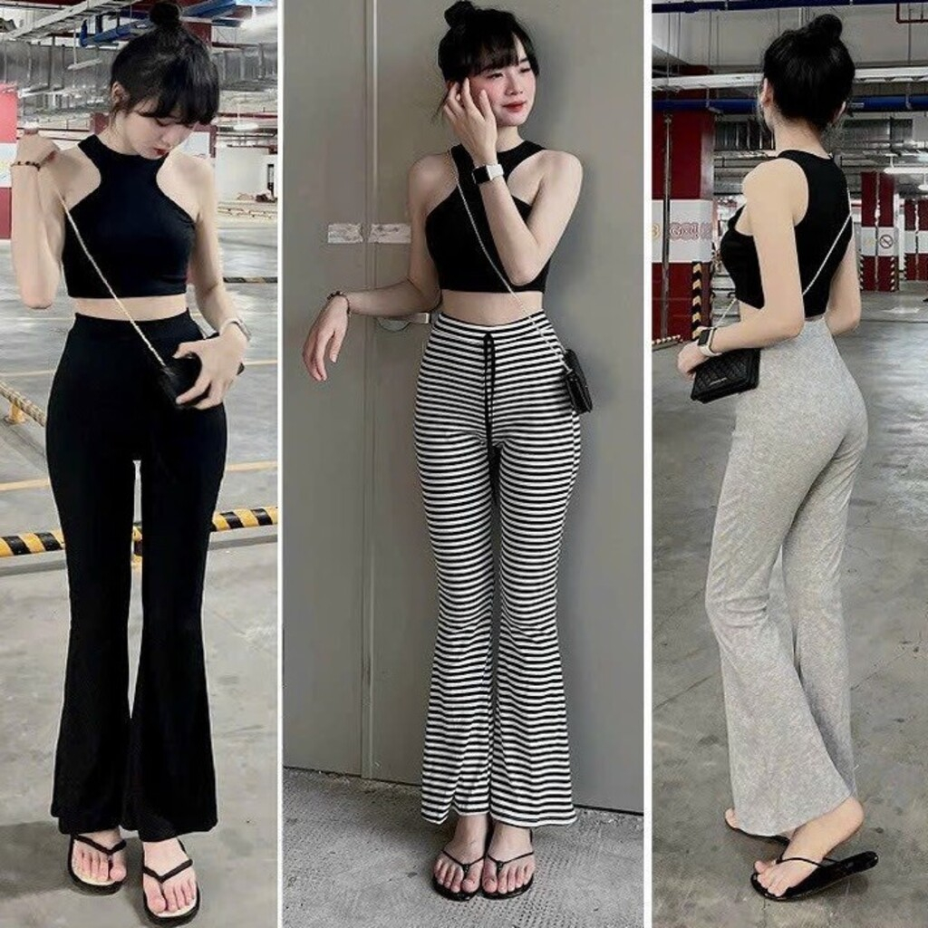 Quần ống loe nữ cạp chun lưng cao dáng legging màu đen trắng vải thun co giãn Geleva LEG429