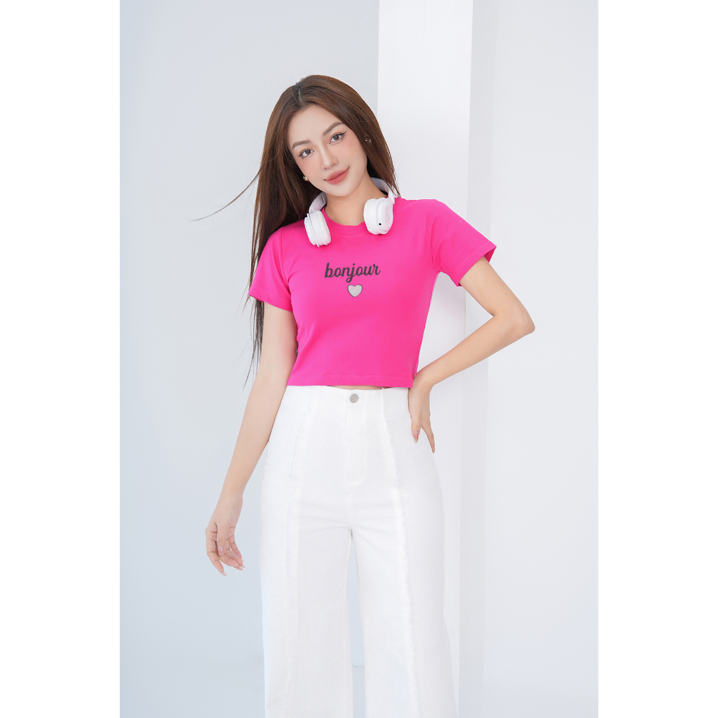 Áo croptop ôm in chữ Bonjour - Áo croptop kiểu thời trang -  Loza CR6220