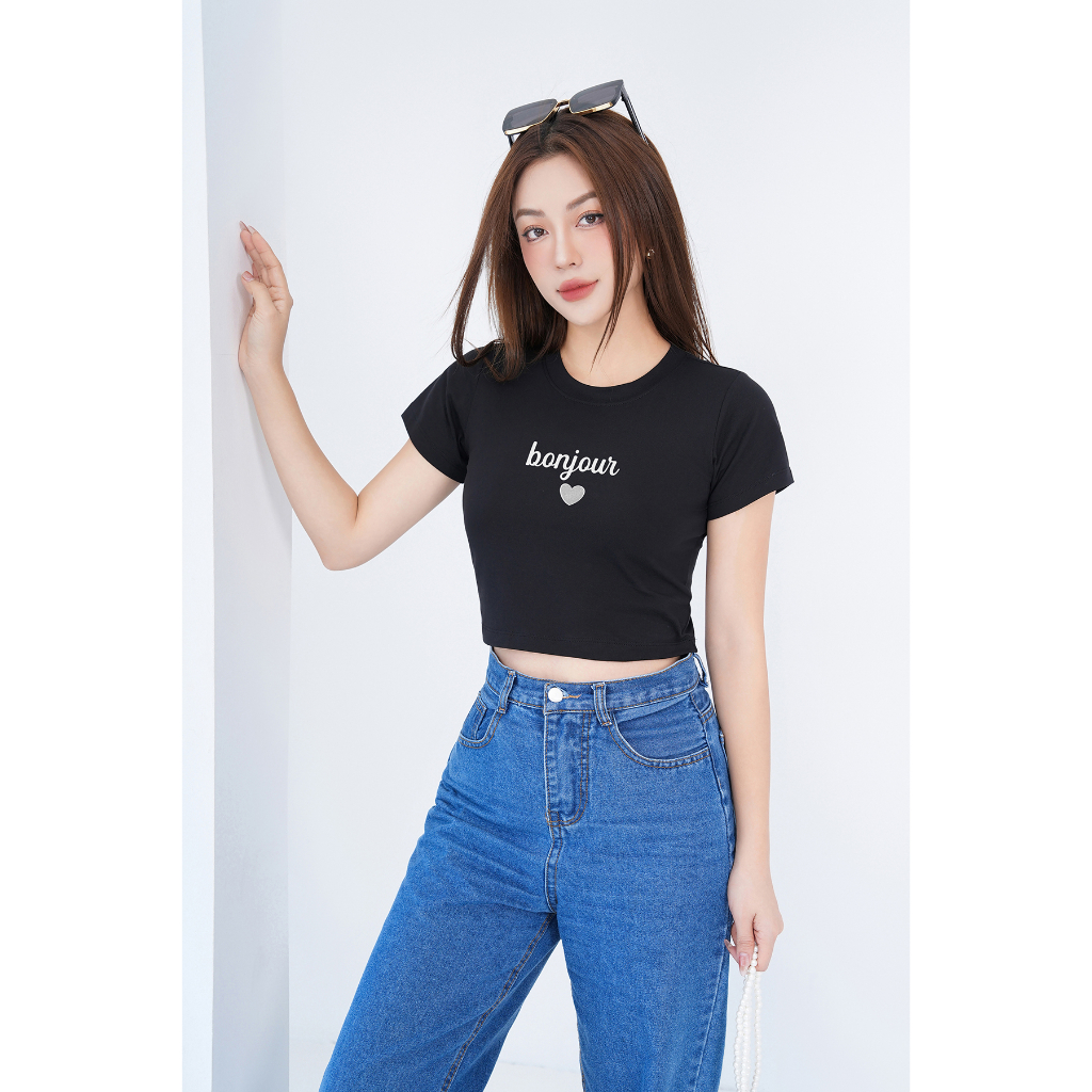 Áo croptop ôm in chữ Bonjour - Áo croptop kiểu thời trang -  Loza CR6220