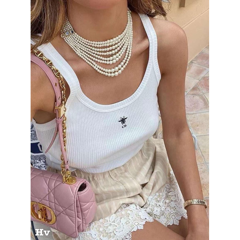 Áo dây tăm đì ỏ màu trắng thêu chữ tank top phong cách