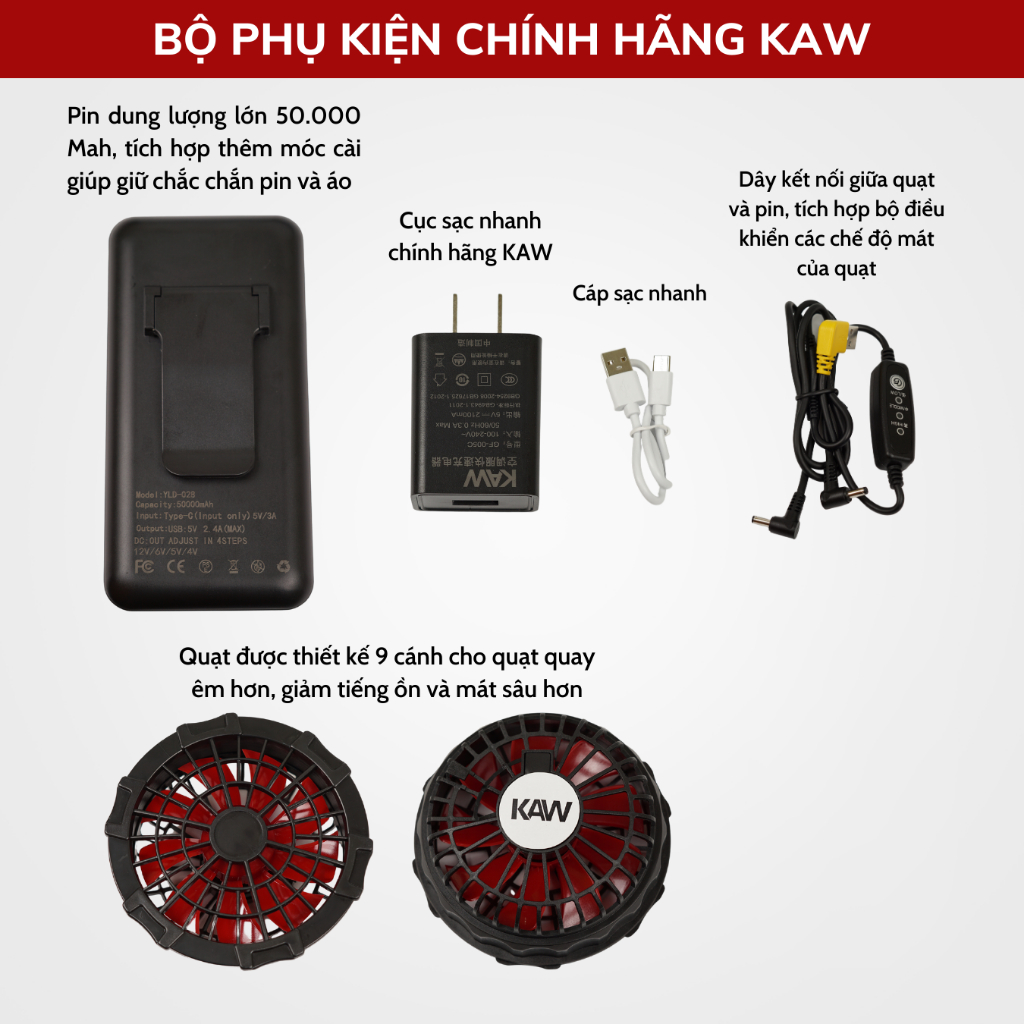Bộ phụ kiện áo điều hòa, Combo Phụ kiện Áo Điều Hòa pin 50000mAh cổng USB Siêu bền -BH 12 tháng
