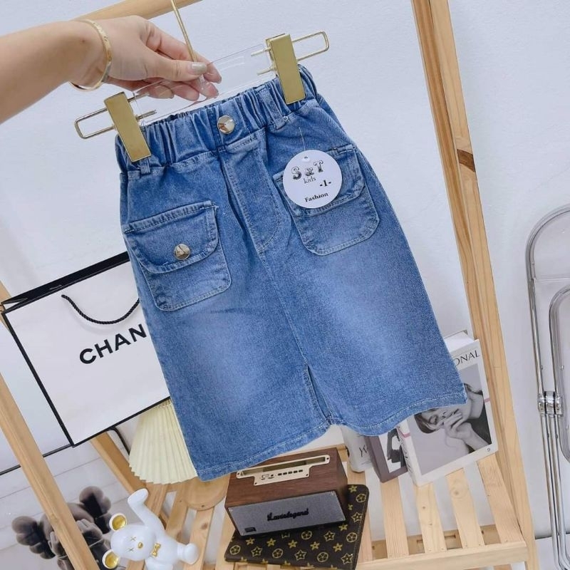 Chân váy bò lệch rách cho bé gái, chân váy jeans dài cho bé gái