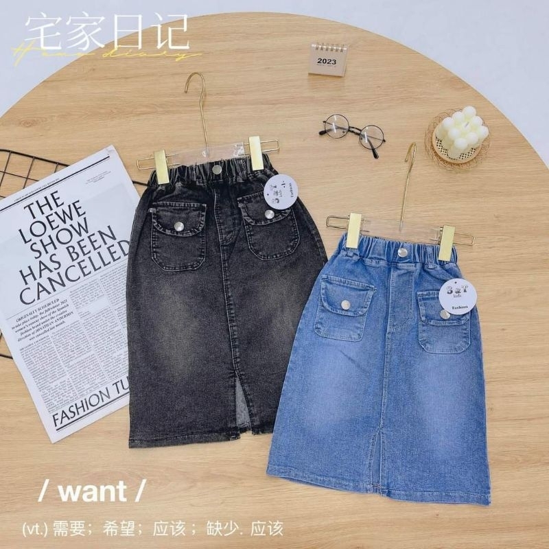 Chân váy bò lệch rách cho bé gái, chân váy jeans dài cho bé gái