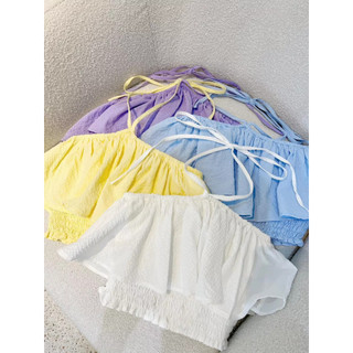 Áo crop cổ dây yếm lai bèo nhún thun