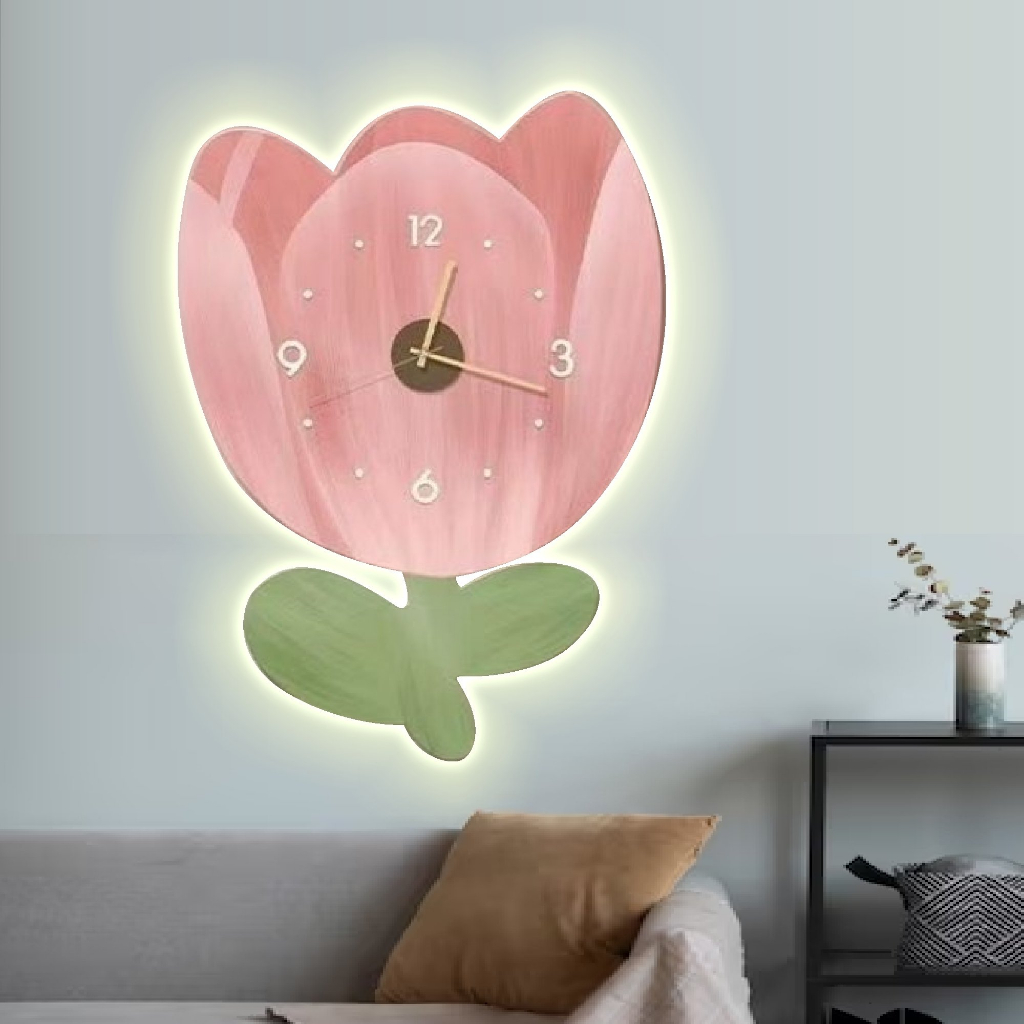 Tranh đồng hồ đèn led tráng gương hoa tulip hồng 1 uv cao cấp kèm đinh
