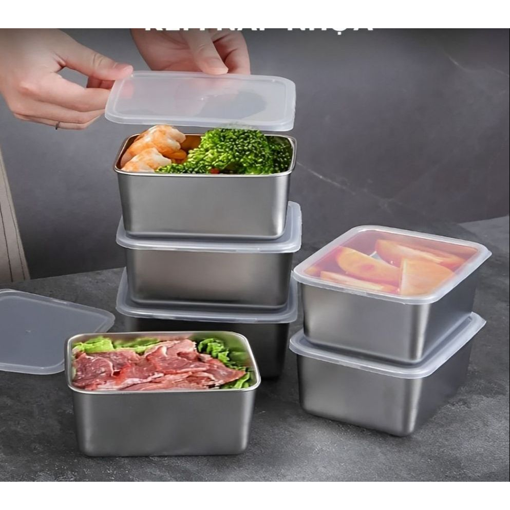 Hộp lạnh inox 304 kèm nắp nhựa - Hộp chứa thực phẩm để tủ lạnh 650ml
