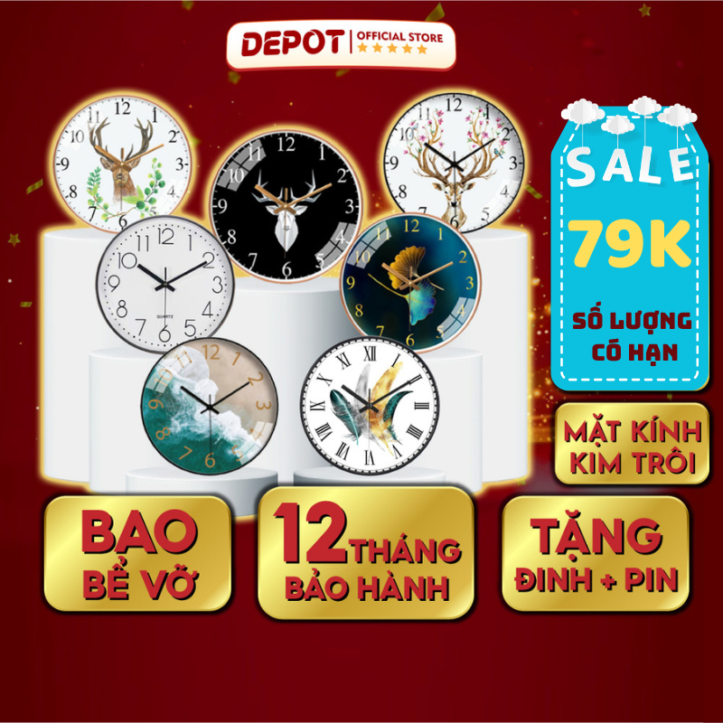 Đồng hồ treo tường quartz kim trôi không tiếng động DEPOT có BH