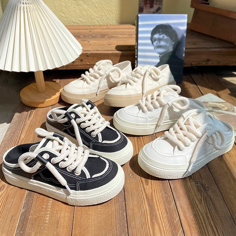 Giày thể thao nữ đế 3 cm vải canvas kiểu dáng gập gót thiết kế dây vặn thừng 3 màu