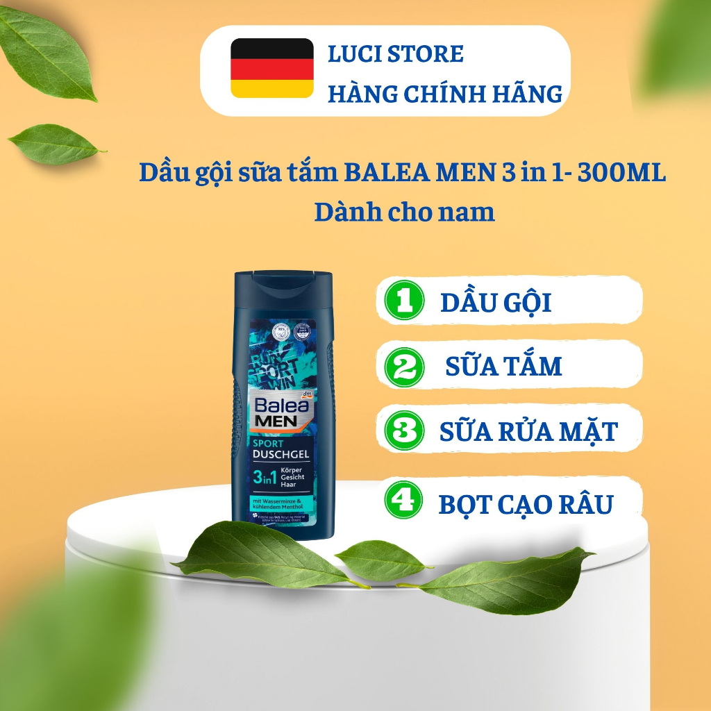 Dầu gội sữa tắm, sữa rửa mặt, bọt cao râu nam 3 in 1 hương bạc hà dưỡng tóc mềm mượt, dưỡng ẩm da BALEA MEN 300ML Đức