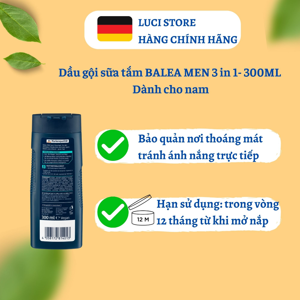 Dầu gội sữa tắm, sữa rửa mặt, bọt cao râu nam 3 in 1 hương bạc hà dưỡng tóc mềm mượt, dưỡng ẩm da BALEA MEN 300ML Đức