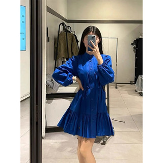 Đầm sơ mi babydoll zara xuất xanh coban cổ tròn [Ảnh cận chất ở cuối]