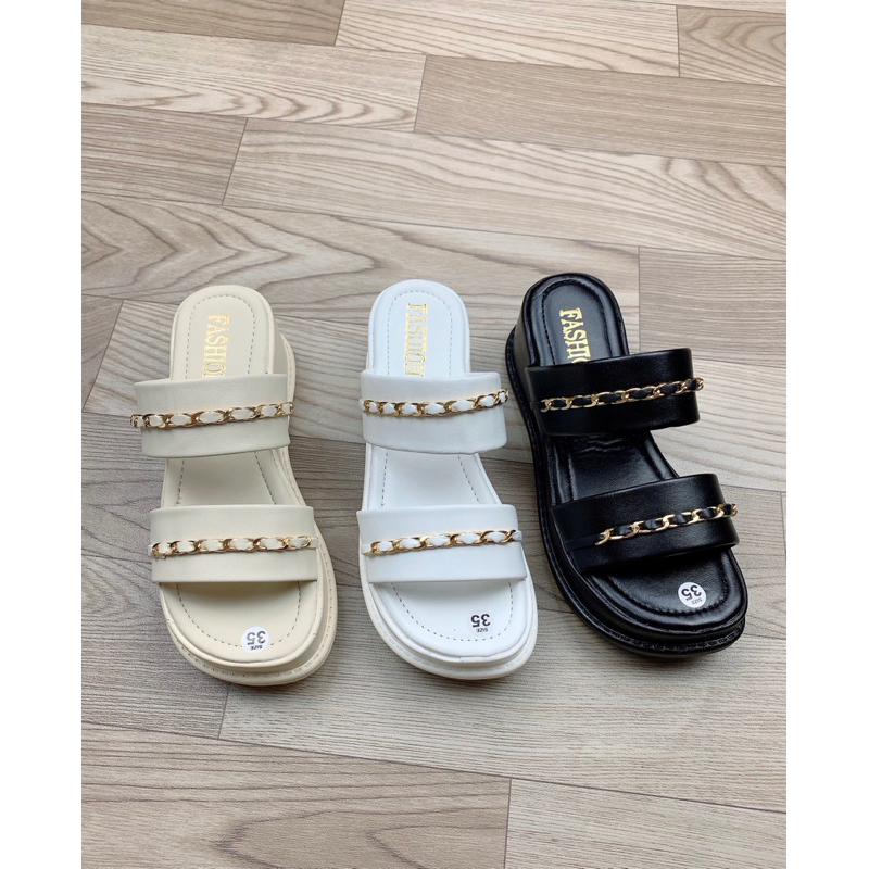 Dép lê đế xuồng bánh mì cao 5p quai đính dây móc xích